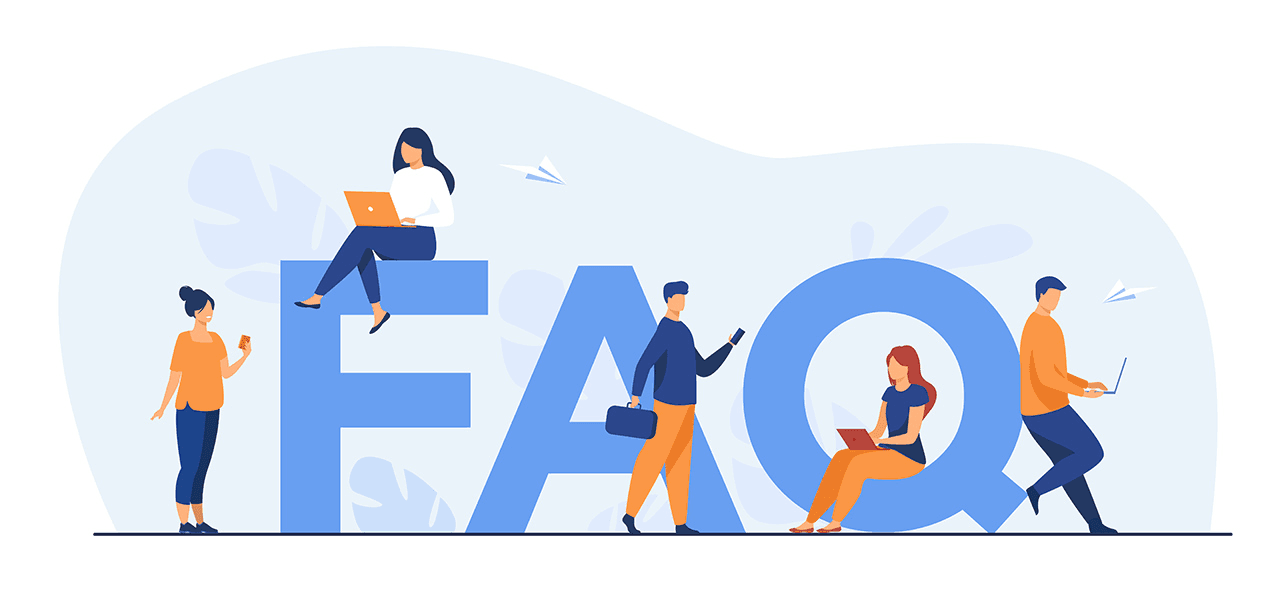 FAQ illustration with people using laptops and phones around large FAQ letters